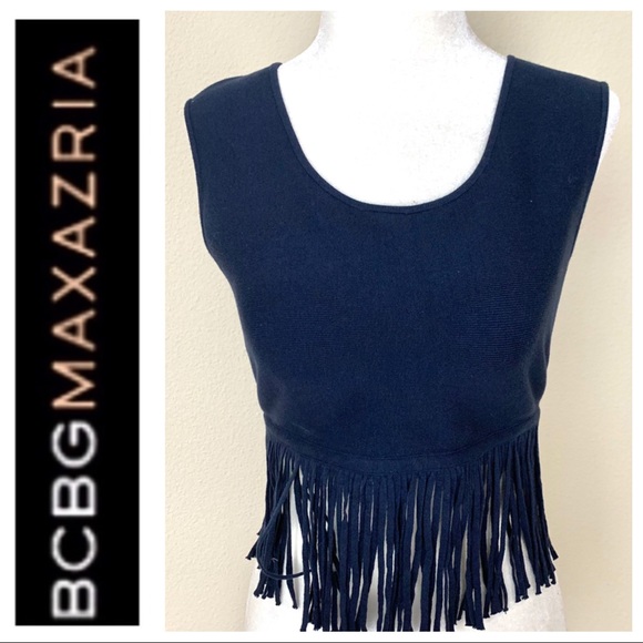 BCBGMAXAZRIA Fringe Cropped Blue Sleeveless TOP - Picture 2 of 8